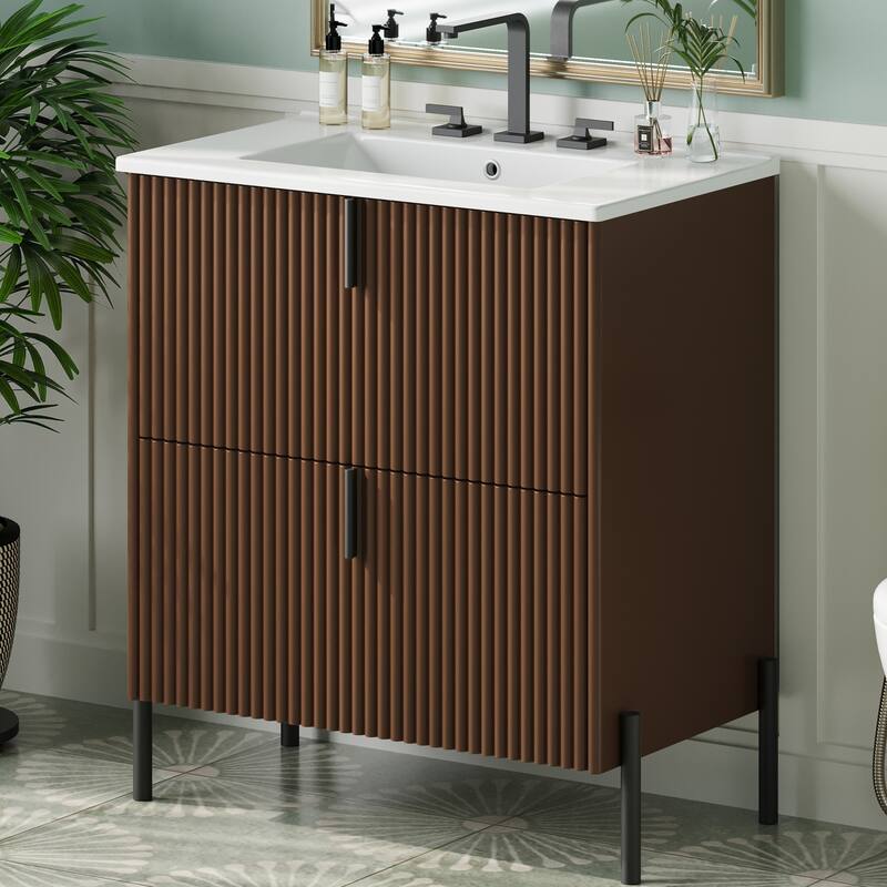 Bathroom Vanity with Ceramic Sink, Freestanding Bathroom Storage Cabinet, Fluted Bathroom Vanity with 2 Full-Extension Drawers - Dark Brown