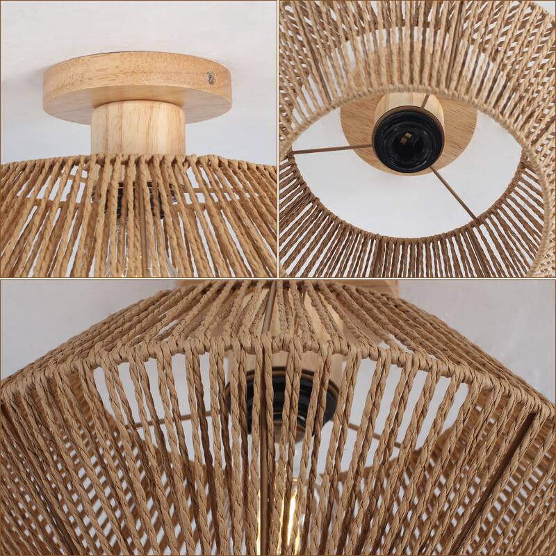 Boho 1-Light Semi-Flush Mount Chandelier with Drum Shade for Living Room Kitchen Island Dining Foyer - W12.6"x H5.71"