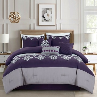 7 Piece Comforter Set Embroidered Design Microfiber Queen Purple Grey ...