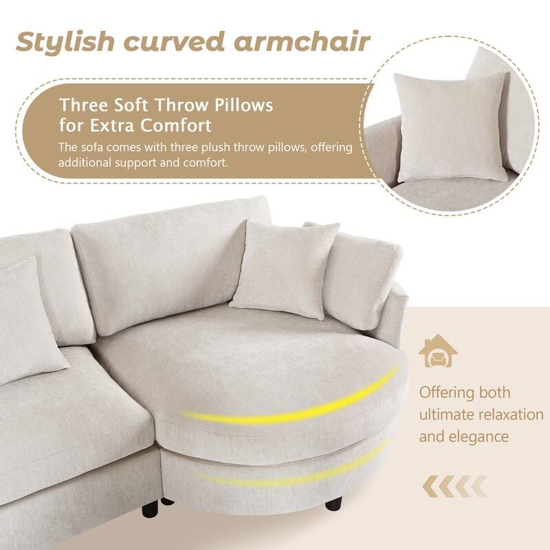 Modern 3-Piece Chenille Sectional Sofa with Curved Chaise and Comfortable Cushions for Living Rooms