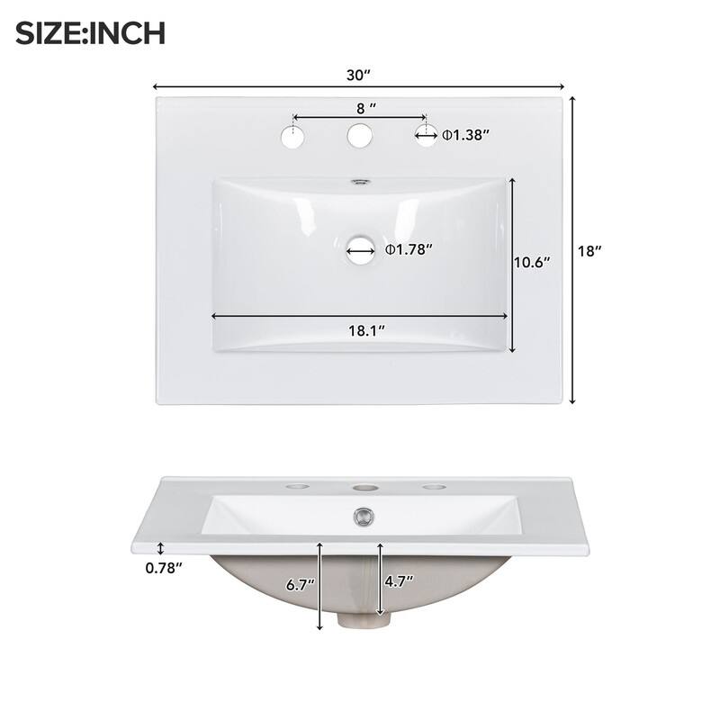 30-Inch Bathroom Vanity with Ceramic Sink, Adjustable Shelf, Soft Close Door, and 3 Soft Close Drawers