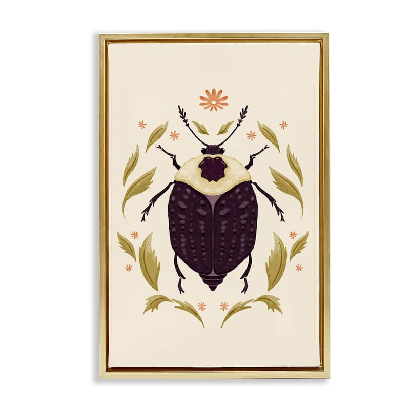 Stupell Black Beetle with Leaves Framed Floater Canvas Wall Art Design By Hannah Moren - 17 x 25 - Gold