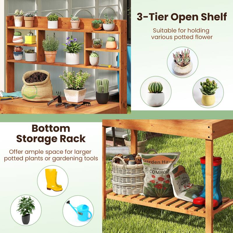 Fir Wood Outdoor Potting Bench Table with Flip Top Hidden Storage and Shelves Brown and Natural Garden Workstation