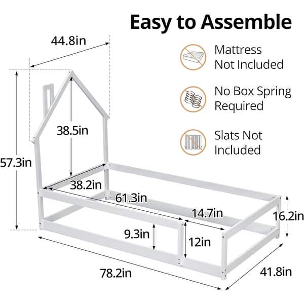 dimension image slide 2 of 6, Twin Size House-Shaped Headboard Floor Bed with Fences