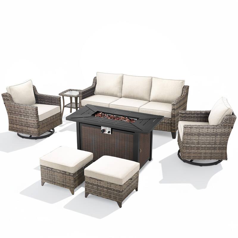 Glissia 7-Piece Gray Wicker Fire Pit Conversation Set with Wicker fire pit
