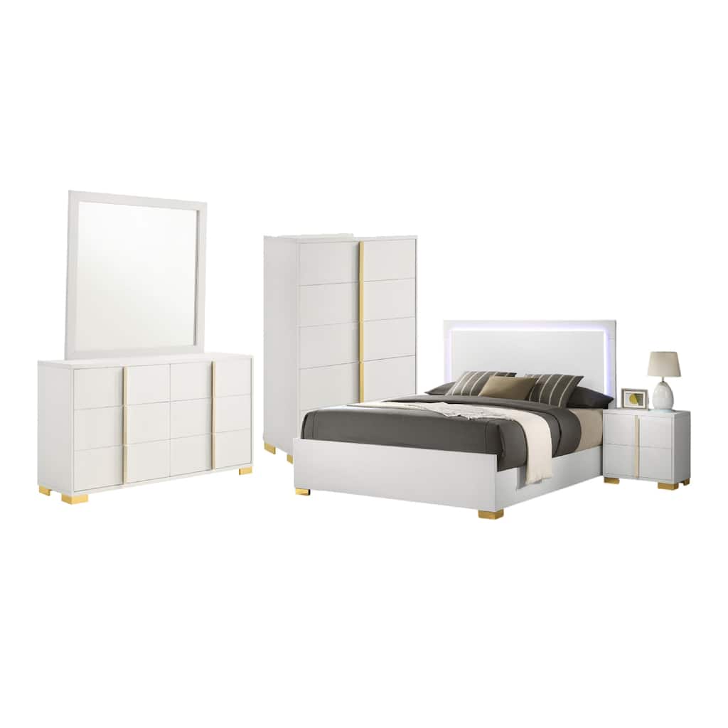 Dex 5pc Queen Bedroom Set with Modern LED Headboard, Mirror, White
