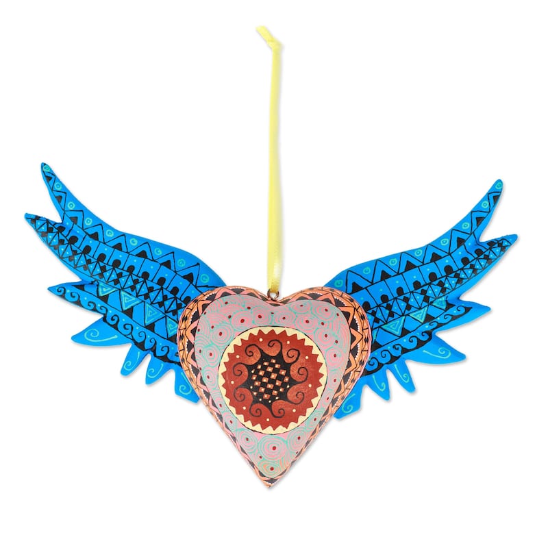 Novica Handmade Cyan Wings Of The Heart Wood Alebrije Ornament