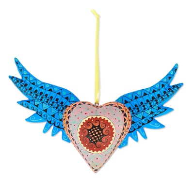 Novica Handmade Cyan Wings Of The Heart Wood Alebrije Ornament