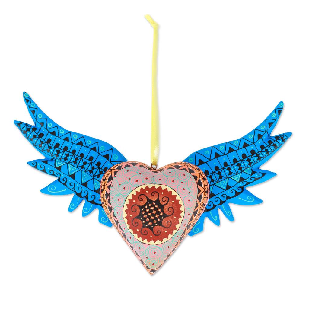 Novica Handmade Cyan Wings Of The Heart Wood Alebrije Ornament