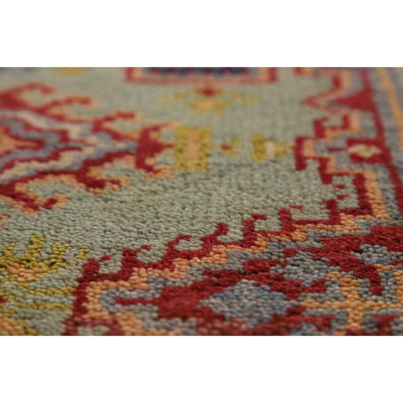 Green Geometric Viss Indian Runner Rug Hand-Knotted Wool Carpet - 2'6"x 7'11"