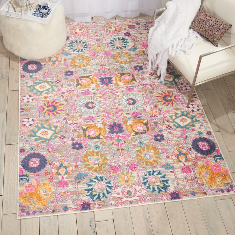 Nourison Passion Boho French Country Floral Area Rug. - 5'3" x 7'3" - Silver - Runner