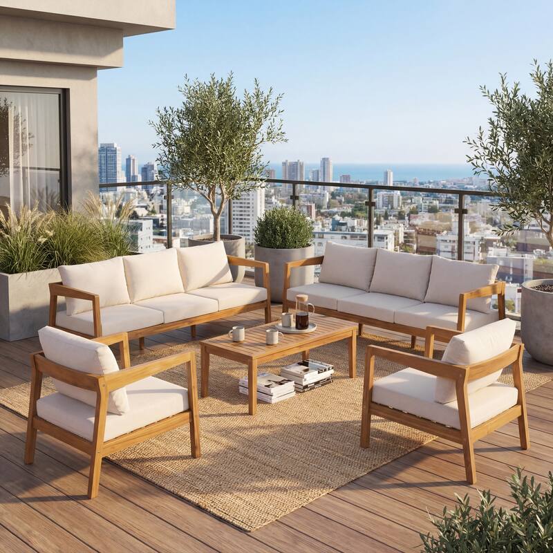 Christopher Knight Home Kaelis Acacia Wood 5-Piece Outdoor Patio Furniture Set with Cushion - Teak + Beige Cushion