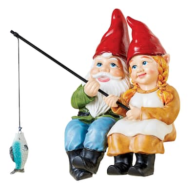 Hand-Painted Adorable Fishing Gnome Couple Statue - 6 x 8.75 x 4.75