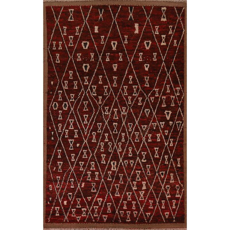 Hand Knotted Oriental 100% Wool Carpet Tribal Trellis Red Moroccan Area Rug - 8' 3'' X 5' 7''