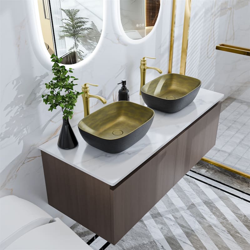 Vintage Vanity Set Wall Floating Bathroom Vanity Sink with Ceramic Basin Faucet Hoses