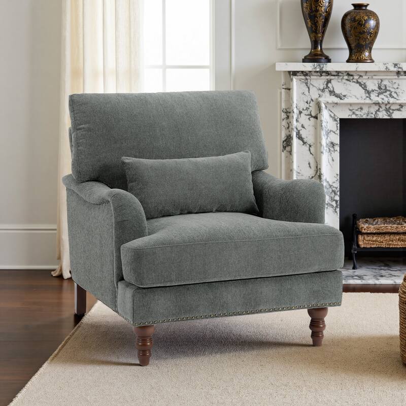 Oversized Accent Chair Chenille Upholstered Armchair With Rivets - Grey