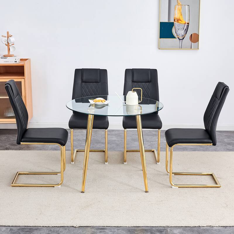 5 Piece Tempered Glass Dining Table Set for 4, Modern Round Table with 4 Upholstered Chairs for Kitchen, Office Conference Room - Black