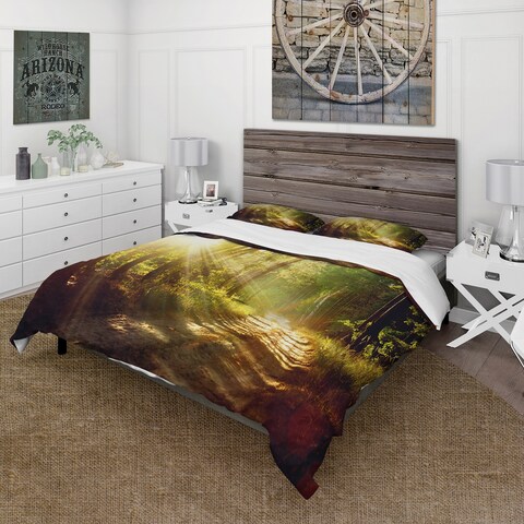 Designart 'Rays Of Sun Shining Through Fog In Old Forest' Cabin and Lodge Duvet Cover Set