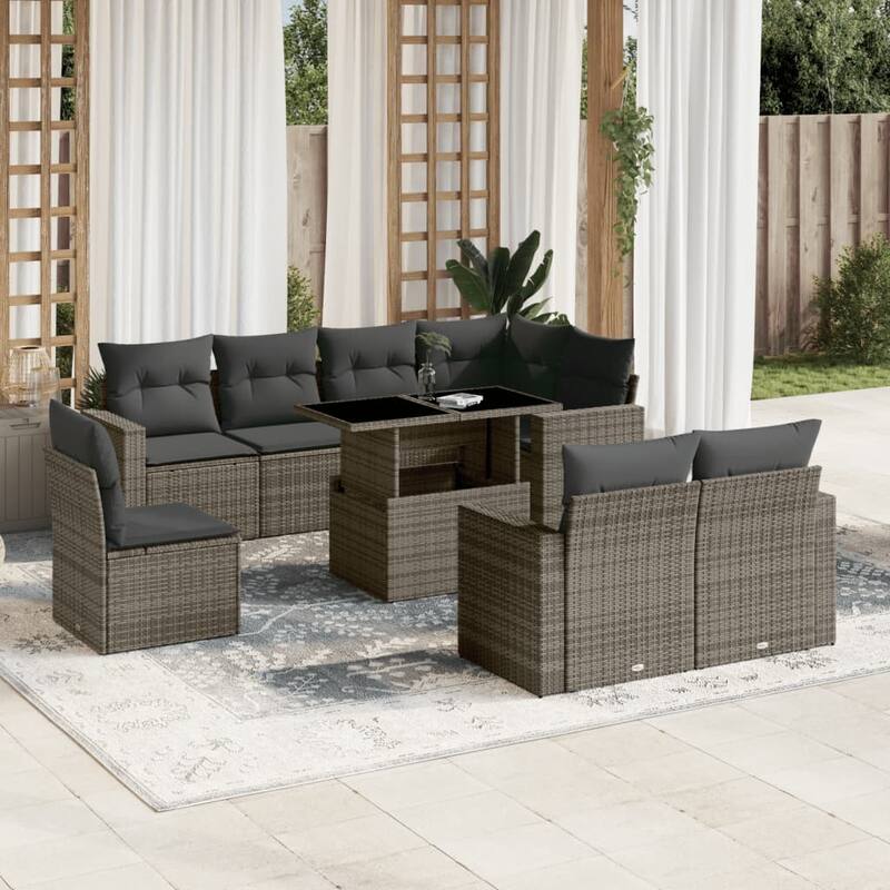 vidaXL Patio Sofa Set with Cushions Outdoor Furniture 9 Piece Poly Rattan - 21.7 x 39.4 x 28.7 - Grey-without storage