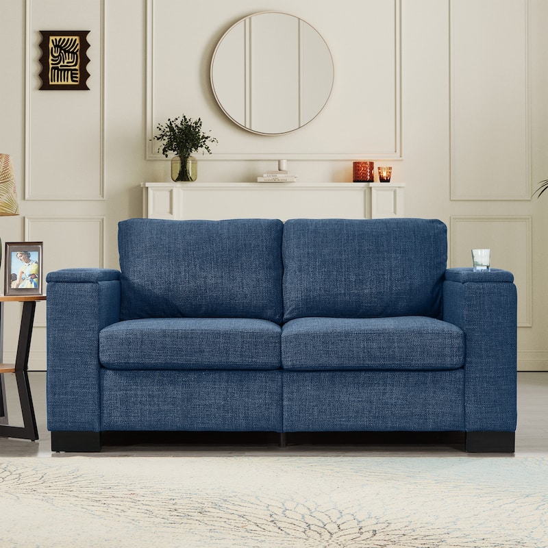 Roomfitters 67.7" Modern Loveseat with Square Armrests, Upholstered Fabric Couch with Cup Holder and Storage for Living Room