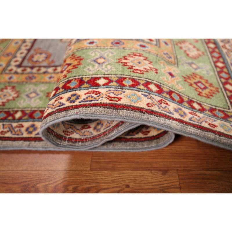 Geometric Grey Kazak Foyer Rug Hand-Knotted Wool Carpet - 3'5" x 4'10"