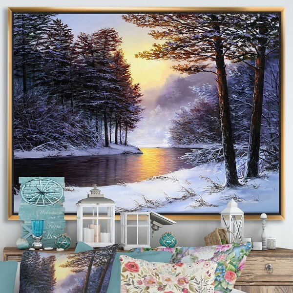 Designart 'Warm Sunshine Reflection Over Winter Forest River I' Farmhouse Framed Canvas Wall Art Print. Opens flyout.