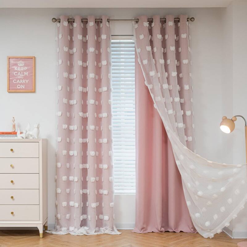 Pink Curtains for Living Room Long Pom Pom White Sheer Curtains - 52"W x 84"L (Pack of 2) - 84 Inches