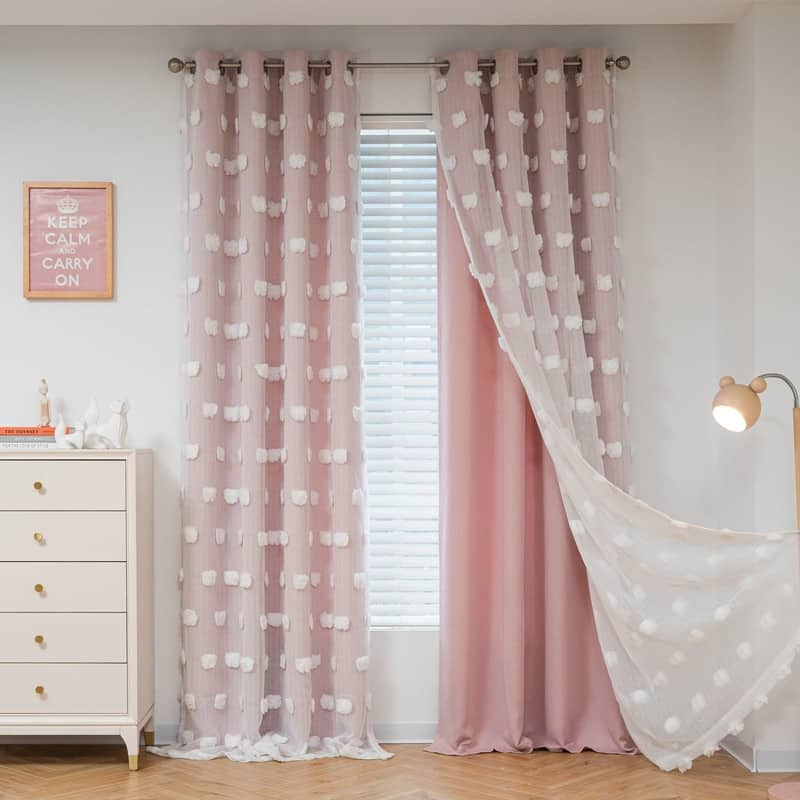 Pink Curtains for Living Room Long Pom Pom White Sheer Curtains