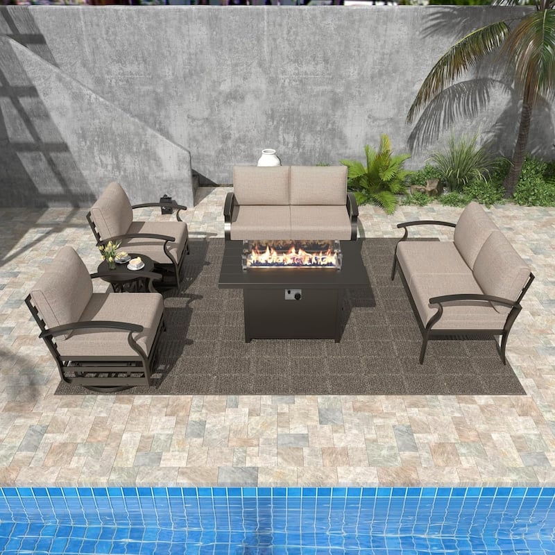 Kullavik Aluminum Outdoor Patio Furniture with Curved Armrests & Firepit Table - 6 seat B w/Firepit - Khaki