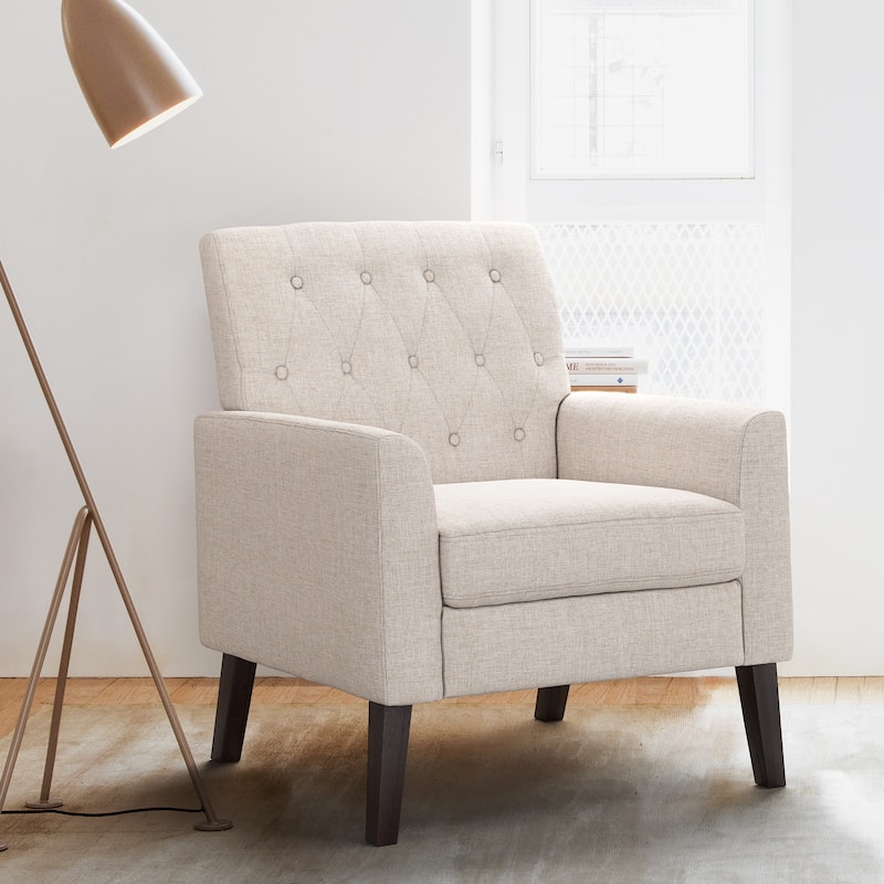 Modern Upholstered Accent Chair with Tufted Backrest and Solid Wood Legs Living Room Armchair - Linen/Fabric - Single