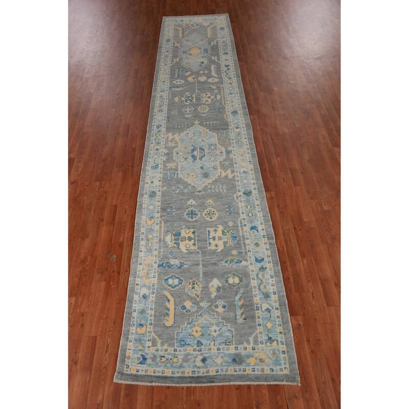 Hand Knotted Oriental 100% Wool Carpet Transitional Geometric Greys & Charcoal Oushak Runner Rug - 15' 0'' X 3' 2''