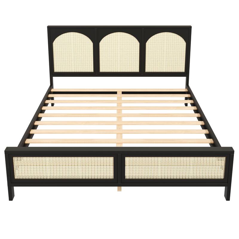 Rattan Low Profile Bed Wood Platform Bed Frame with Rattan Headboard and Footboard, Wood Slat Support, No Box Spring Needed