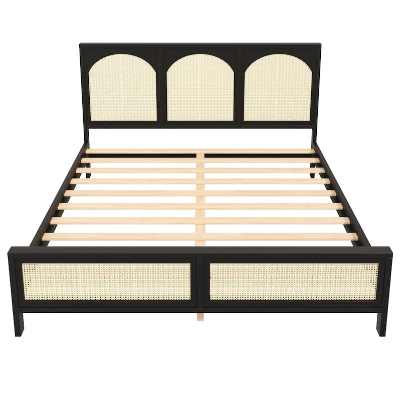 Wood Platform Bed Frame with Rattan Decorations Headboard & Footboard, Slat Support System, No Box Spring Needed, Easy Assembly