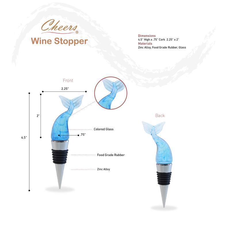 Cheers Mermaid Tail Glass Wine Stopper - Elegant Vacuum Seal Reusable - 5 inches