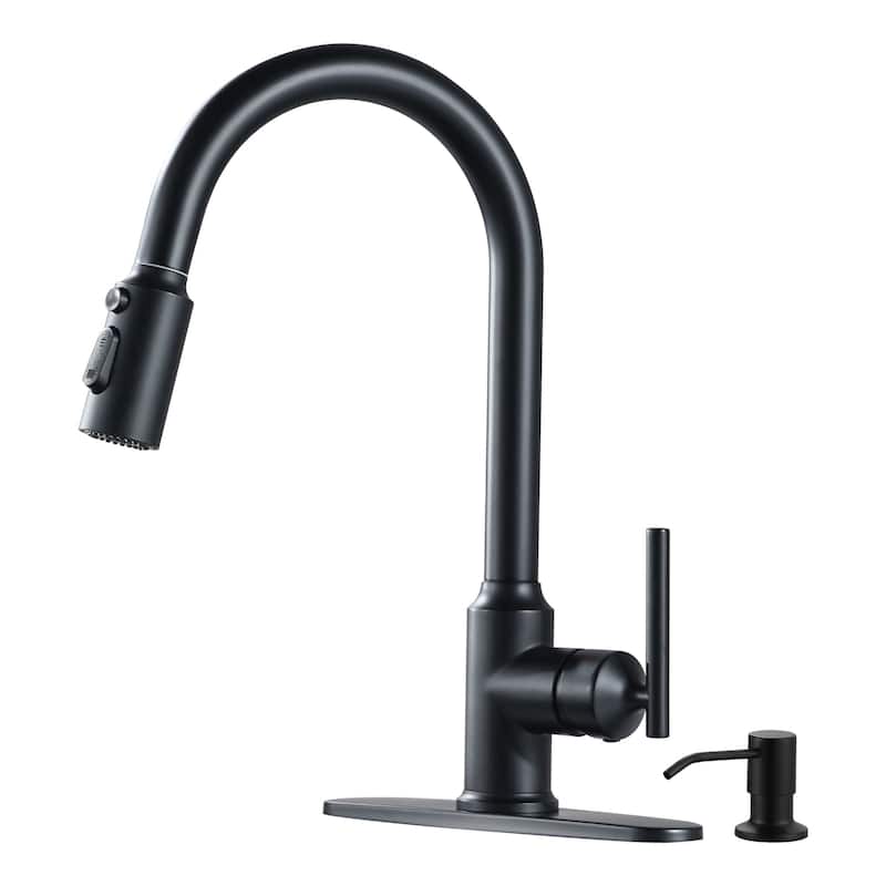 WOWOW Pull Down Sprayer Kitchen Faucet with Soap Dispenser - Matte Black