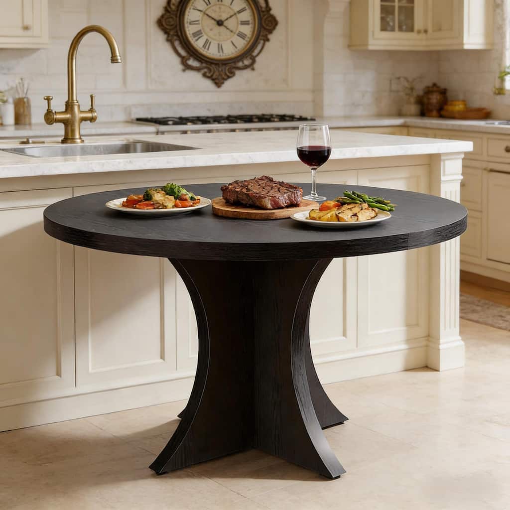 Round Dining Table Home Office Table for 4-6, Wood Coffee Table Kitchen Table with Thick Top & Crossed Base