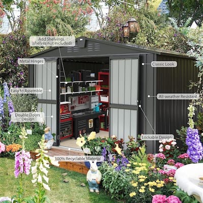 Outdoor Storage Shed 10'x 8', Metal Garden Shed for Bike, Galvanized Steel Outdoor Storage Cabinet
