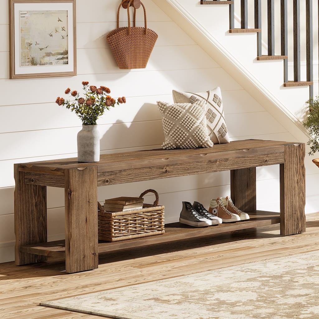 Solid Wood Entryway Bench with Storage Shelf, Wood Shoe Bench for Entrance, Hallway, Dining Room, Living Room, Mudroom, Bedroom