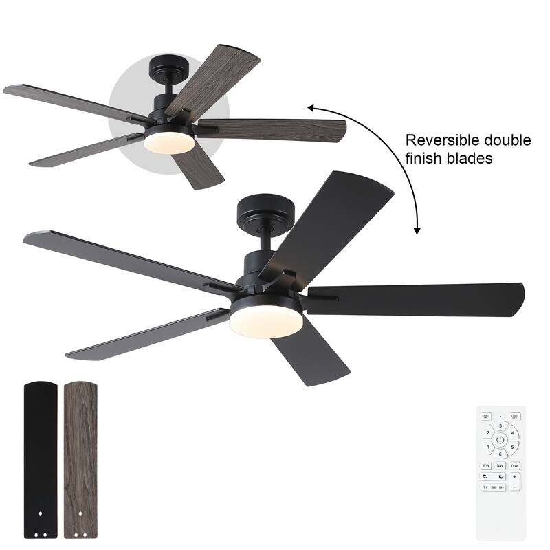 YUHAO Kaleido 52 in. Indoor Matte Black 3-Colors Integrated LED 6-Speeds Ceiling Fans with Dual-Finish Blades and Remote Control - StyleA: 52 inches Downrod - Black