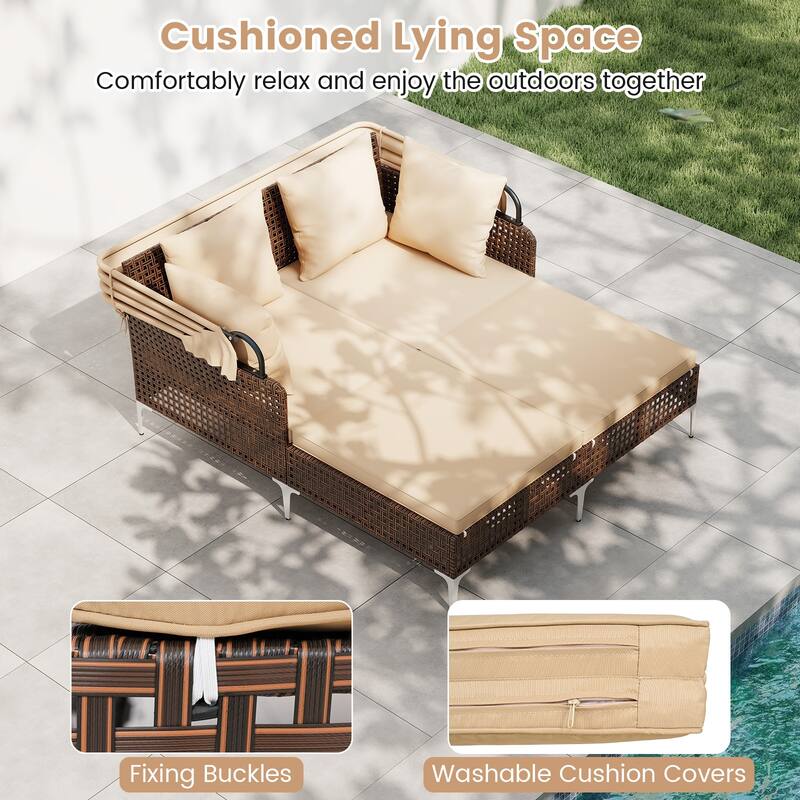 Gymax Outdoor Daybed w/ Retractable Canopy PE Wicker Rattan Patio