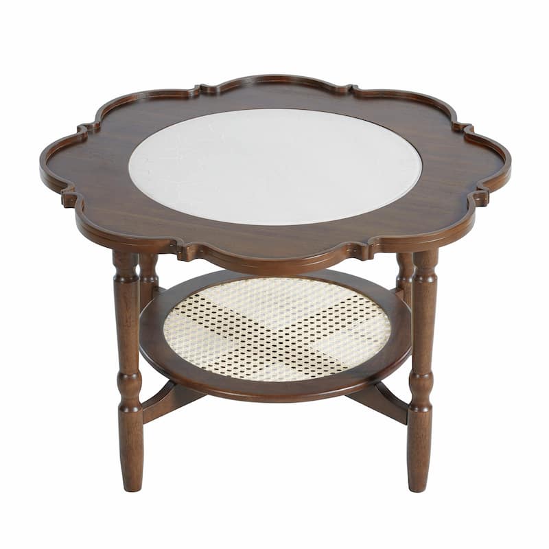 Mid-Century Style 2-Tier Coffee Table with Petal-Shaped White Crackle Pattern Glass