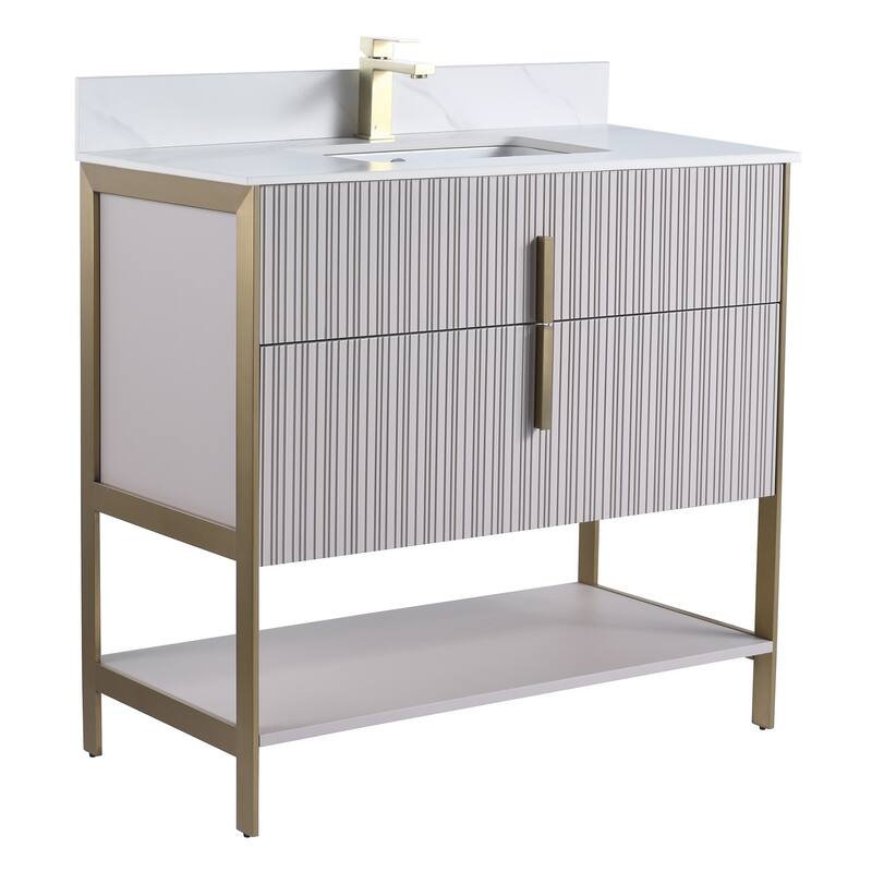 Fine Fixtures Serenity Modern Bathroom Vanity with White Carrara Stone Top - Bright Taupe - Brass Hardware - 36 inch