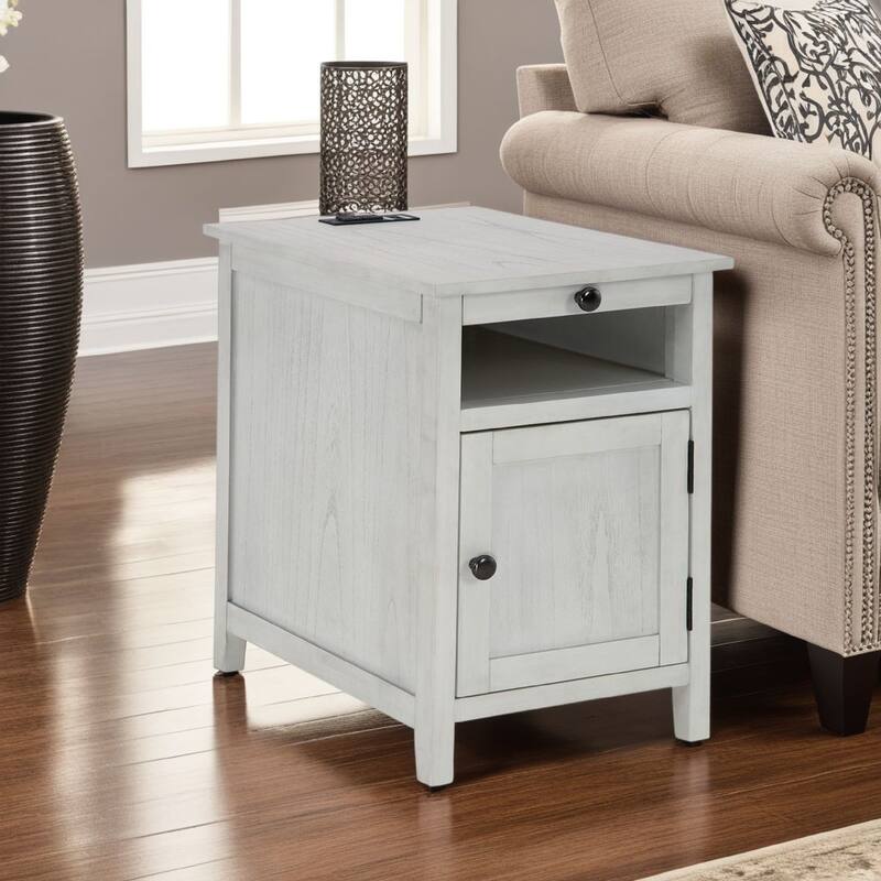 Gena Side End Table, Shelf and Pull Out Tray, White Solid Wood 24 Inch