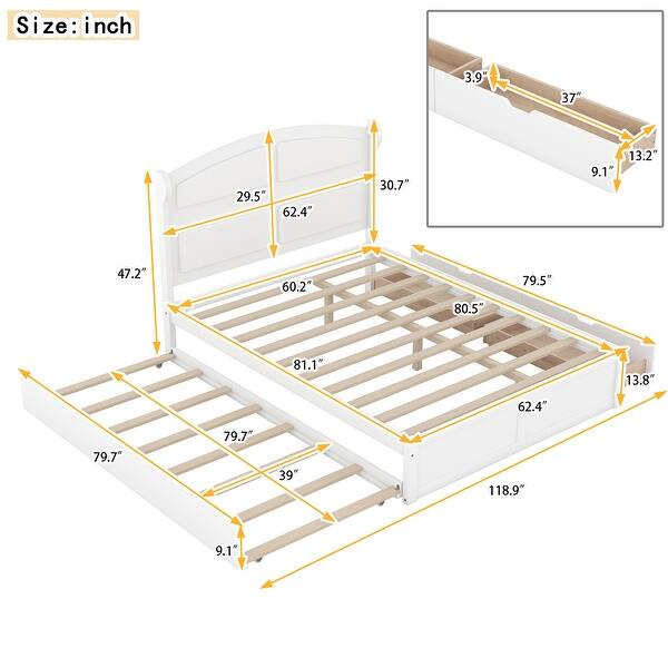dimension image slide 0 of 2, Multiple Storage Space Wood Queen Size Platform Bed with Twin Size Trundle and 2 Drawers