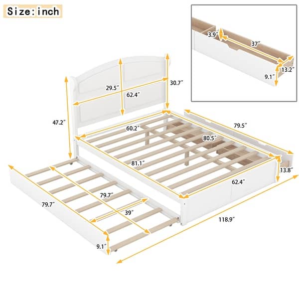 dimension image slide 1 of 2, Wood Queen Size Platform Bed with Twin Size Trundle and 2 Drawers