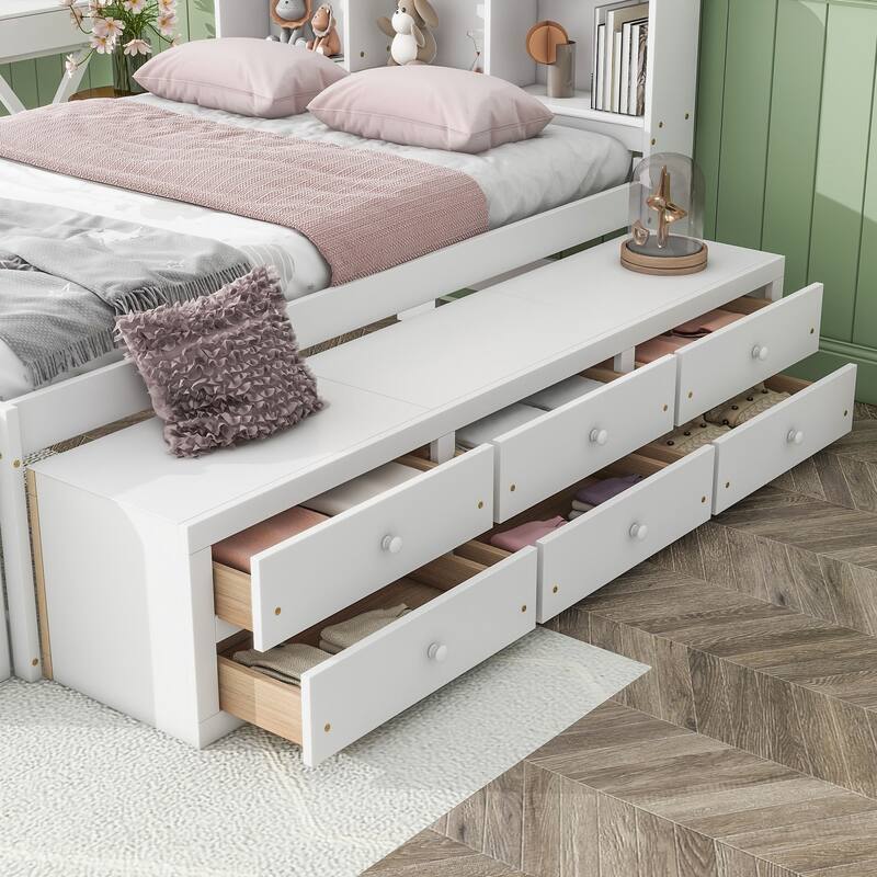 Wooden Full Bed with Bookcase Headboard, 6 Storage Drawers & Multifunctional Storage Case