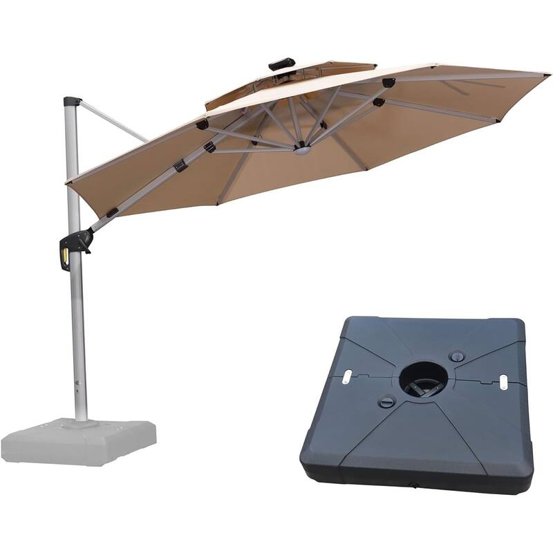 PURPLE LEAF 10/11/12ft Round Double Top LED Patio Cantilever Umbrella with Base - 11ft Beige