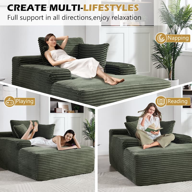 Deep Seat Chaise Lounge Chair, Wide Armrest Sleeper Sofa with Three Soft Pillows, Convertible Boneless Sofa Bed Daybed