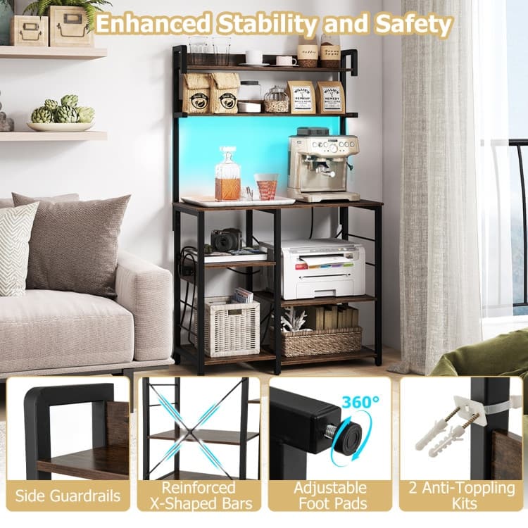 Kitchen Baker’s Rack with Charging Station, LED Light, Coffee Bar Station with Shelves - 35.5" x 16" x 58"