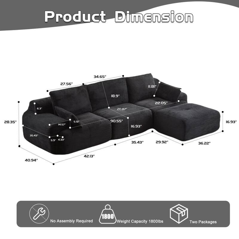 Ergonomic Deep Seat L-shaped Sectional Sofa with Chaise, Pet-Friendly Corduroy Modular Memory Foam Compressed Couch with Ottoman